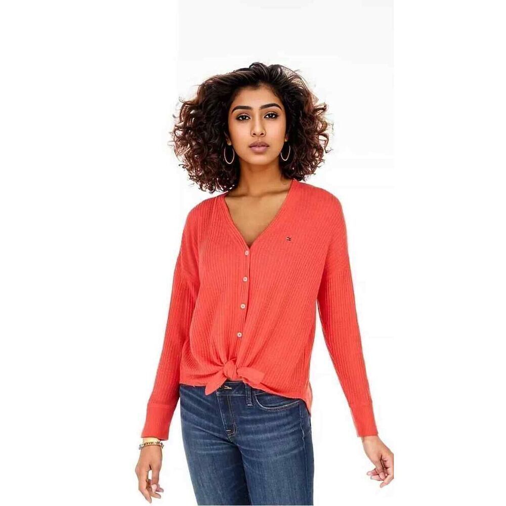 ✨TOMMY HILFIGER Womens Coral Long Sleeve With buttons Sz Small Sweater✨